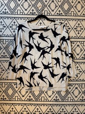 LOFT Light Beige Sweater with Black Bird Swallow Print